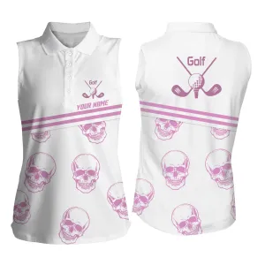 3D All Over Print Sleeveless Golf Polo Shirt, Custom Name Pink Golf Skull White Golf Shirt For Women, Golfing Gift