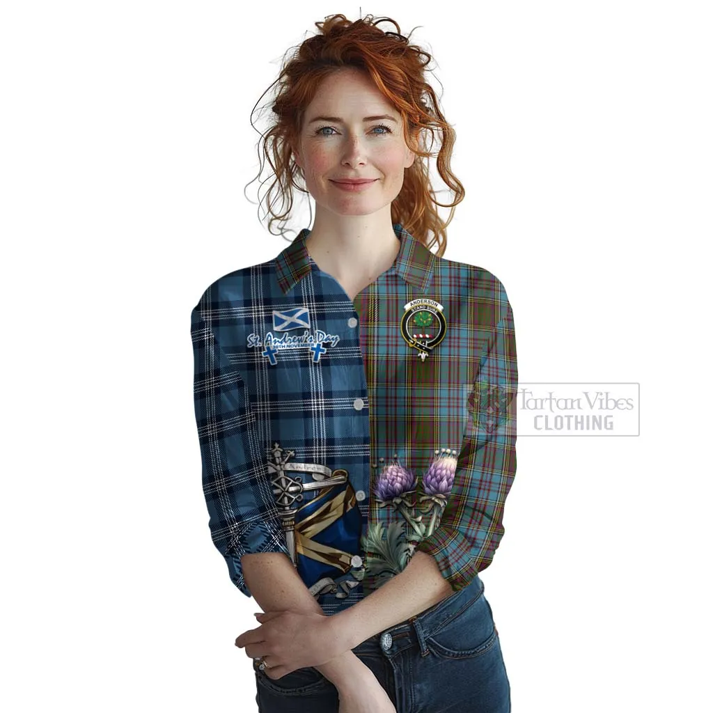 Anderson Tartan Women's Casual Shirt Happy St. Andrew's Day Half Tartan Style