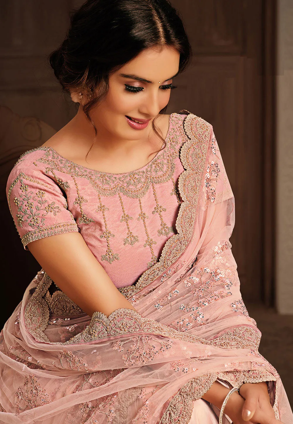 Baby Pink Embroidered Saree