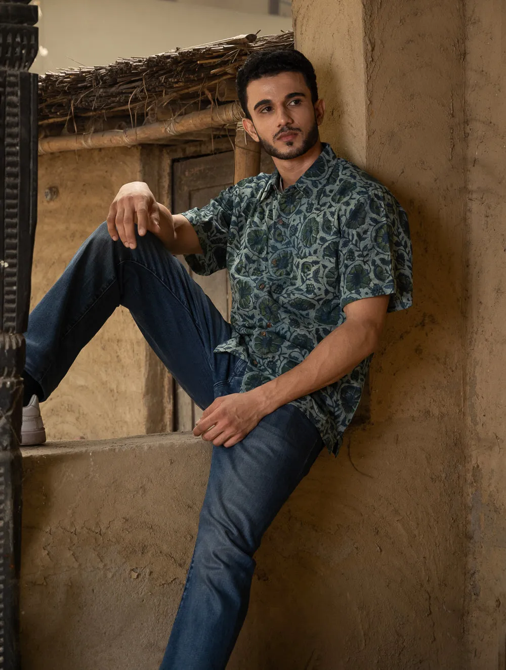 Bagru Hand Block Printed Cotton Shirt - Blue Floral