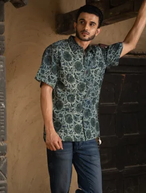 Bagru Hand Block Printed Cotton Shirt - Blue Floral