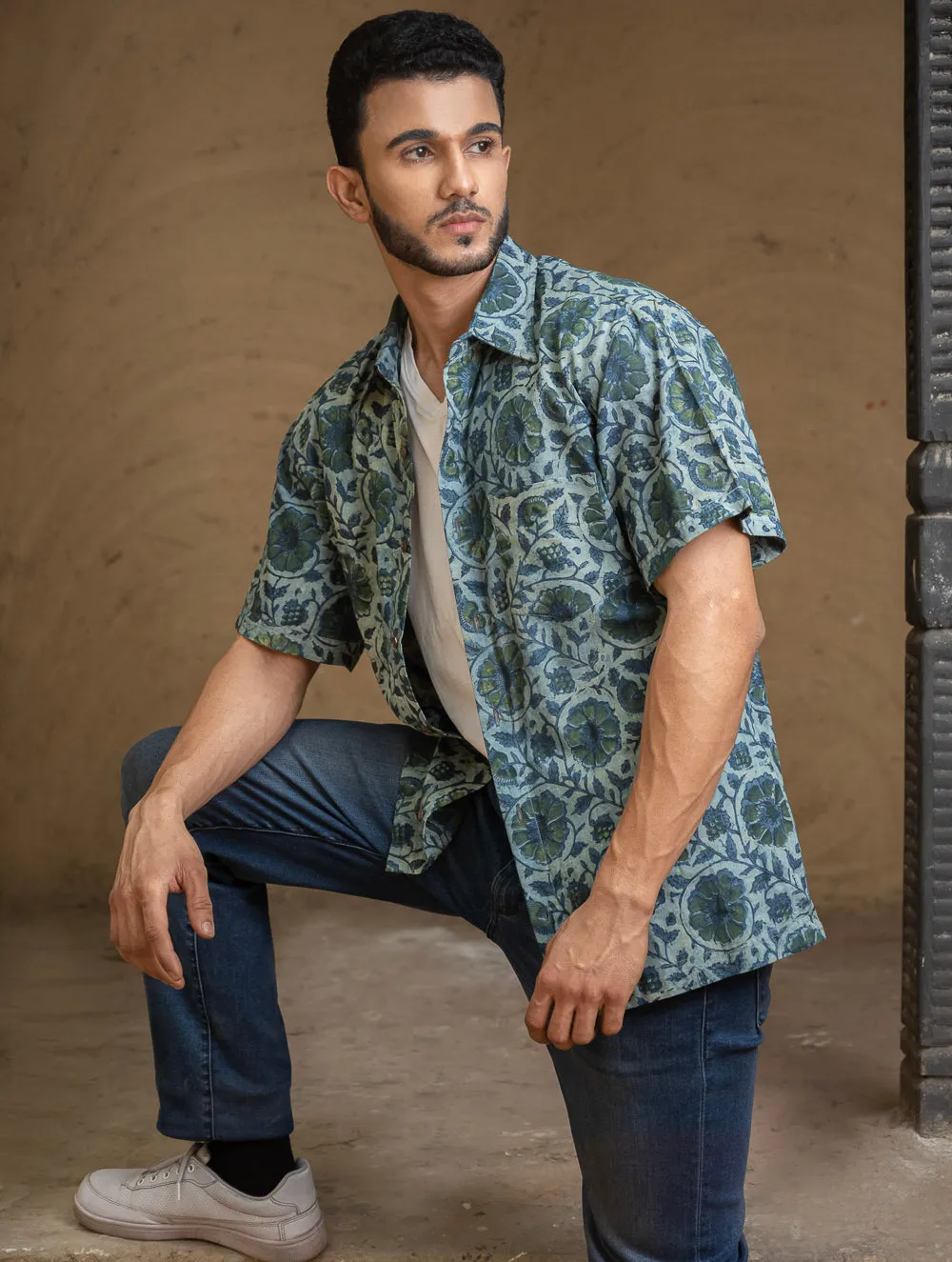 Bagru Hand Block Printed Cotton Shirt - Blue Floral