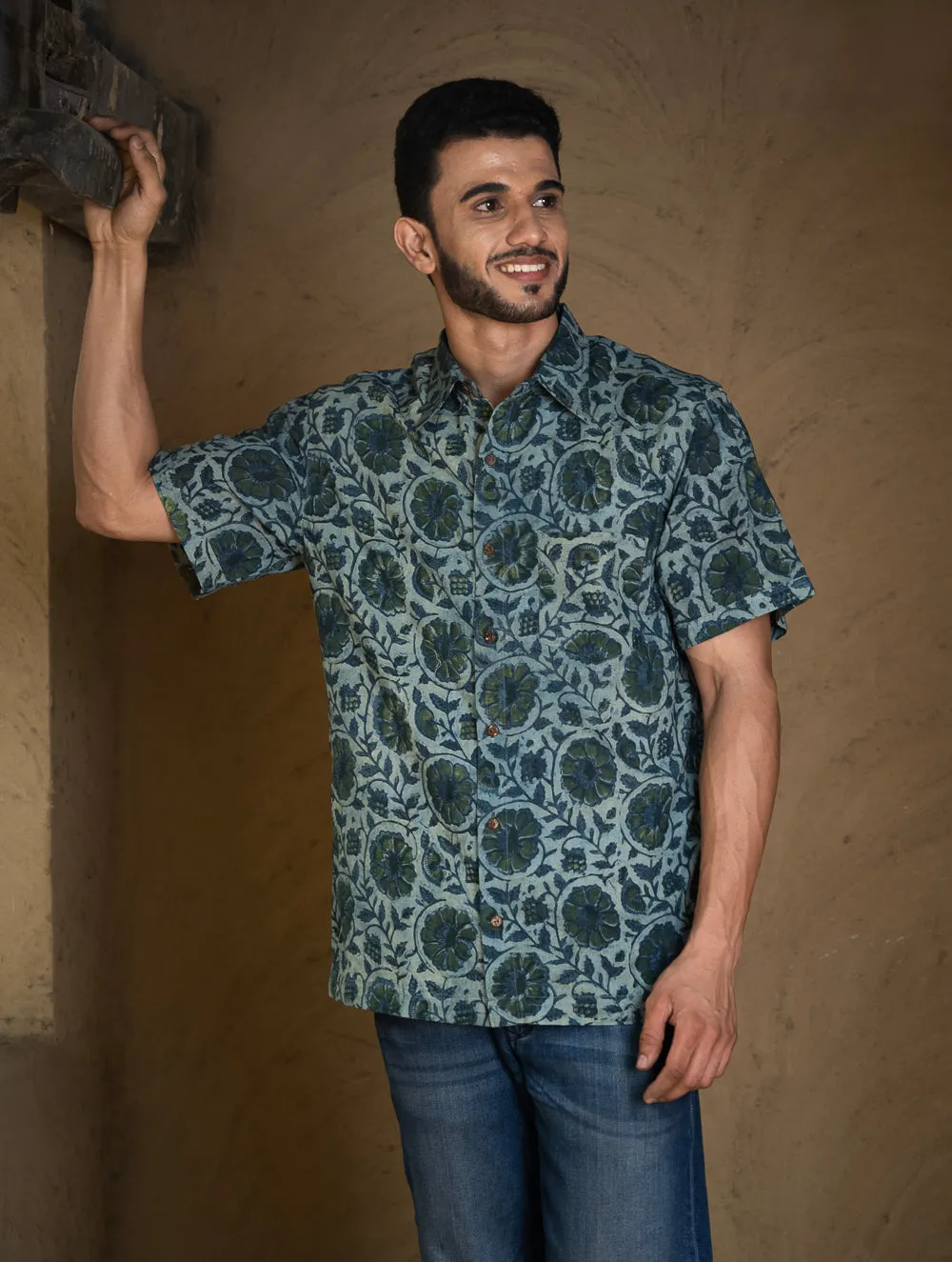 Bagru Hand Block Printed Cotton Shirt - Blue Floral