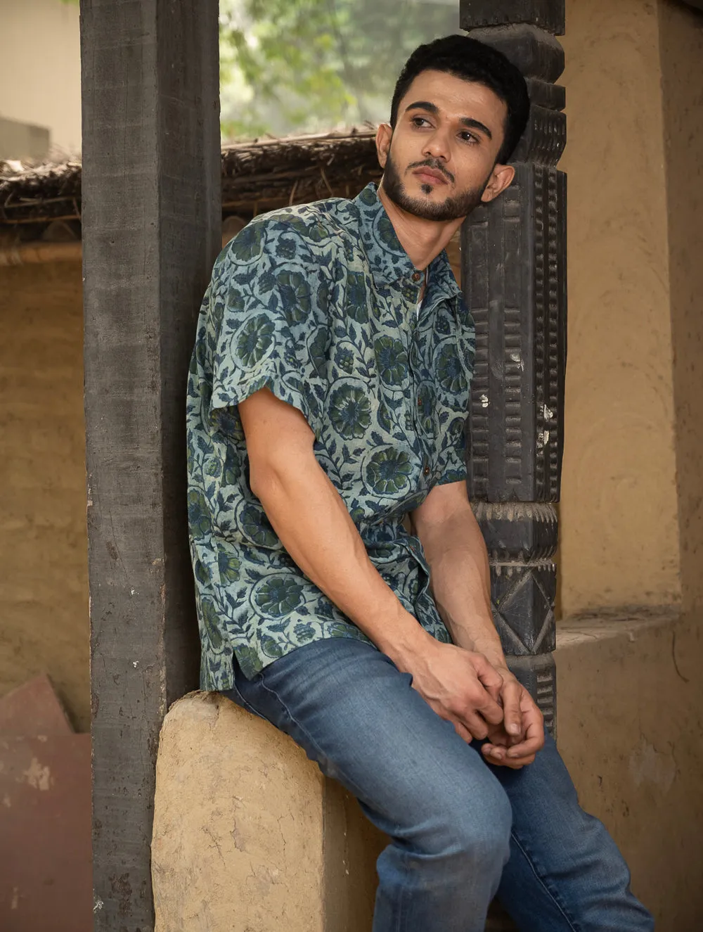 Bagru Hand Block Printed Cotton Shirt - Blue Floral