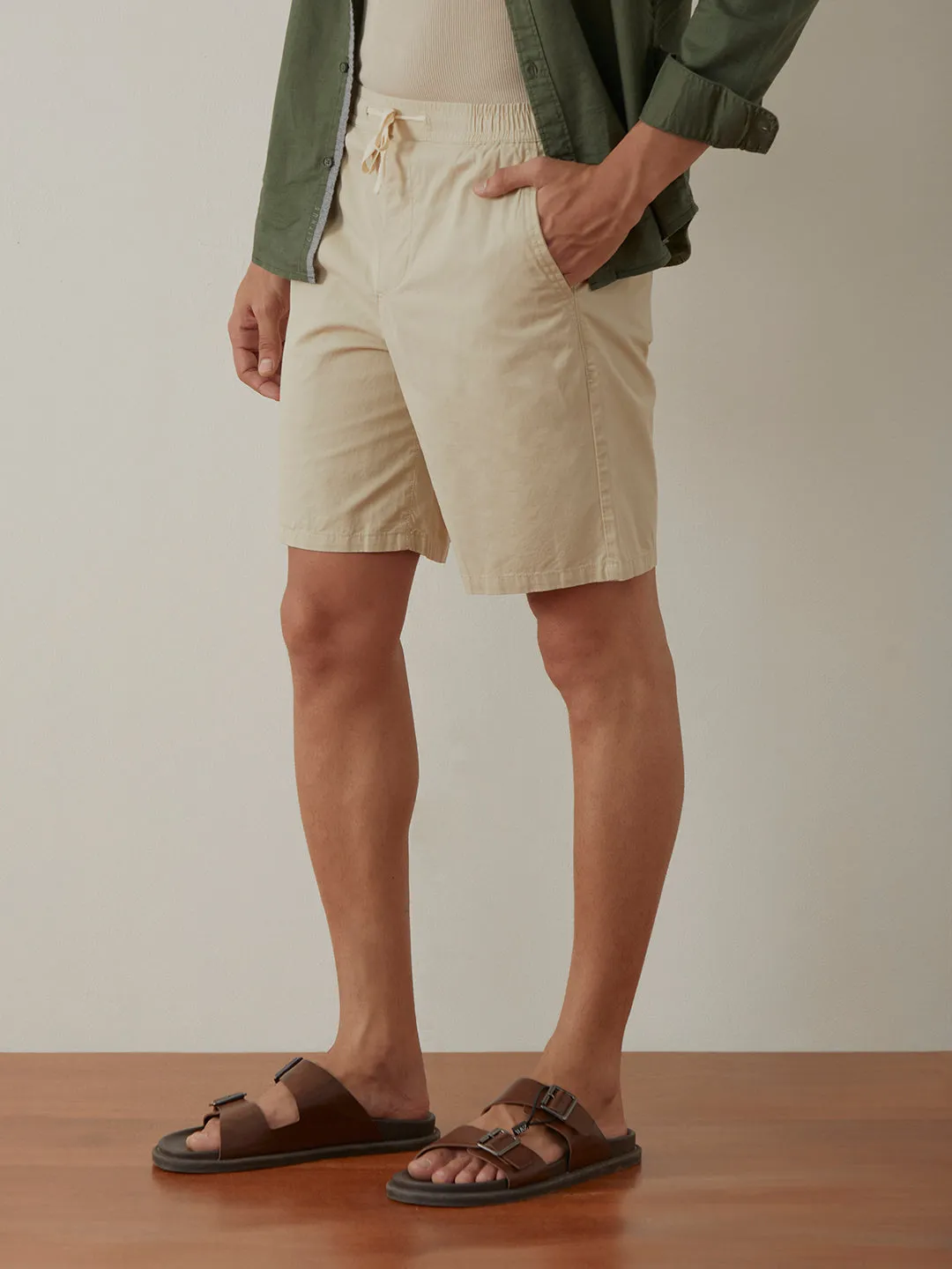 Beige Plain Cotton Shorts