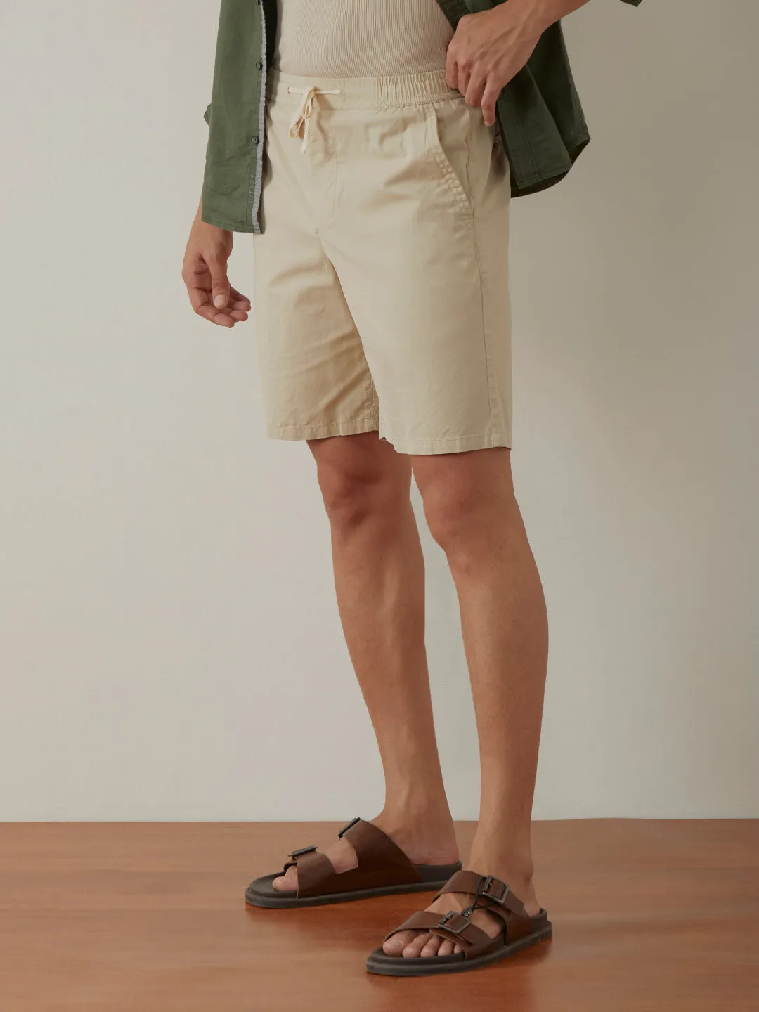 Beige Plain Cotton Shorts