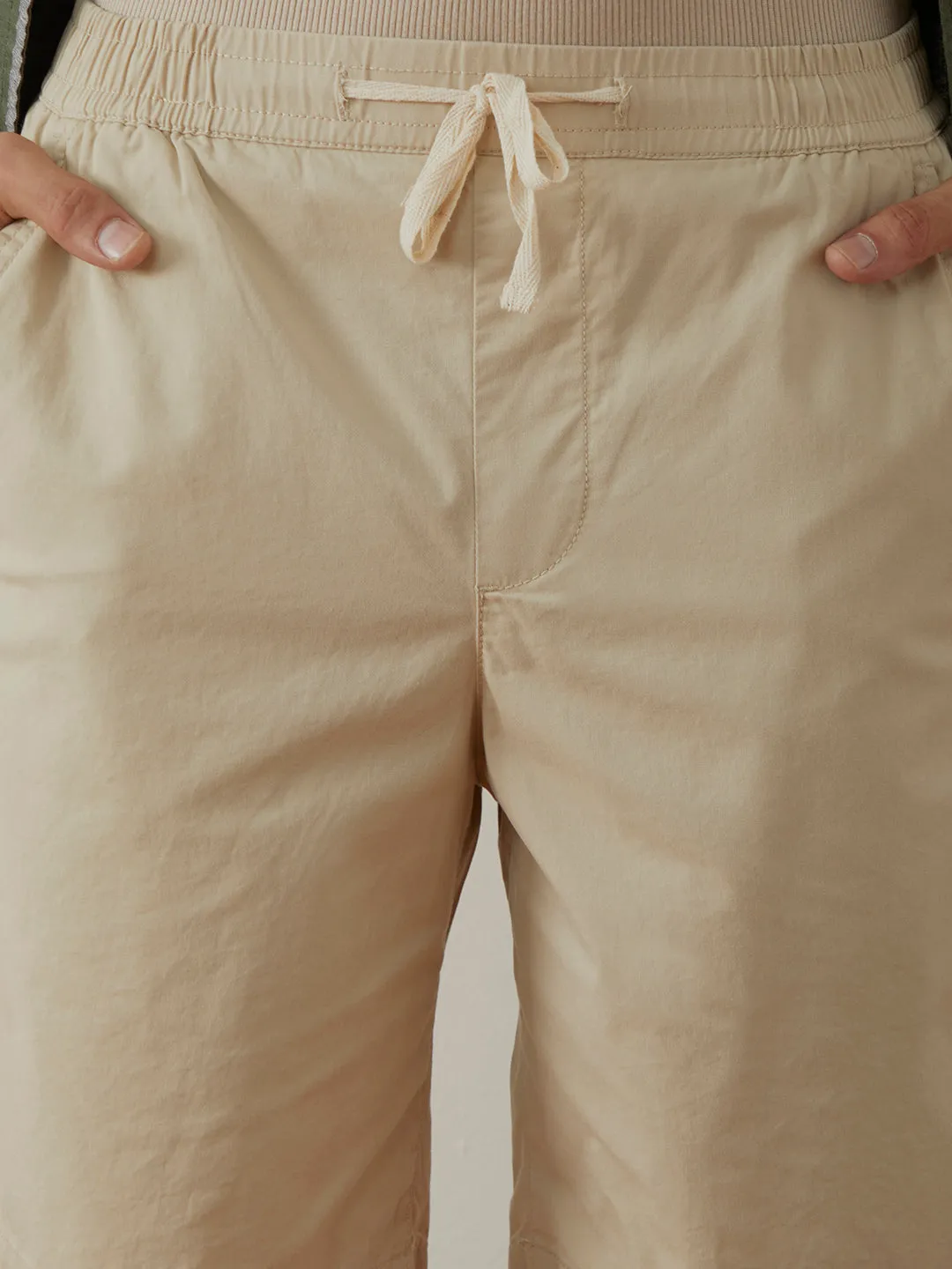 Beige Plain Cotton Shorts