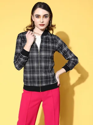 Berrylush Women Black & White Checked Pattern Mock Collar Neck Straight Hem Regular Bomber Jacket