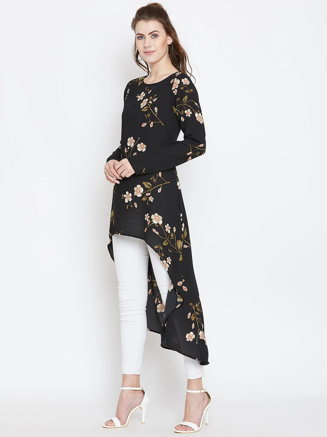 Berrylush Women Black Floral Printed Round Neck High-Low Longline Top