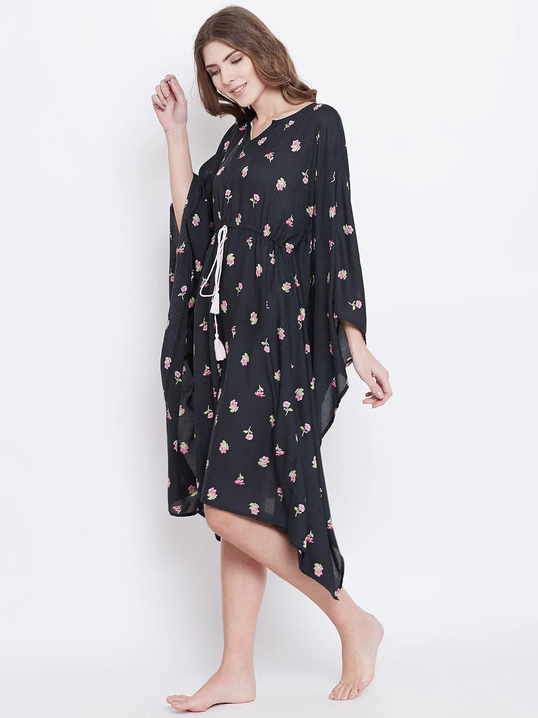 Black Floral Print Loungewear Kaftan