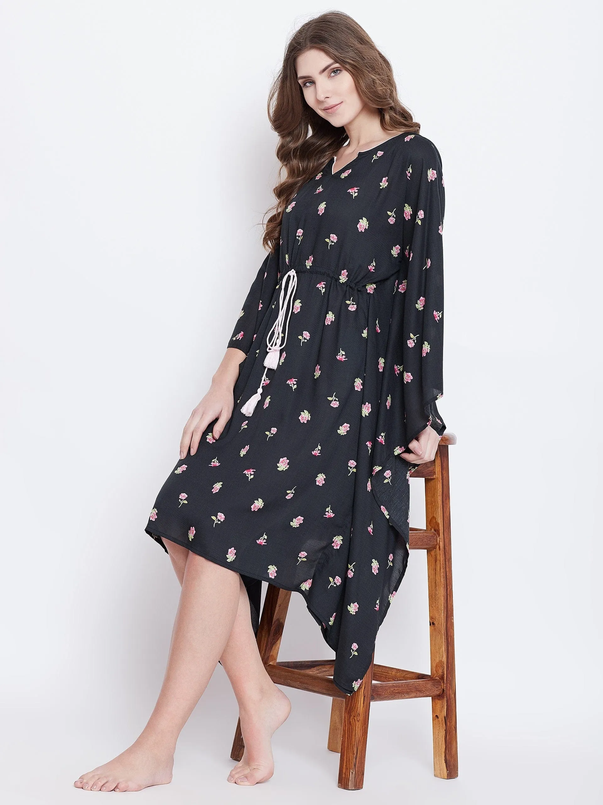 Black Floral Print Loungewear Kaftan