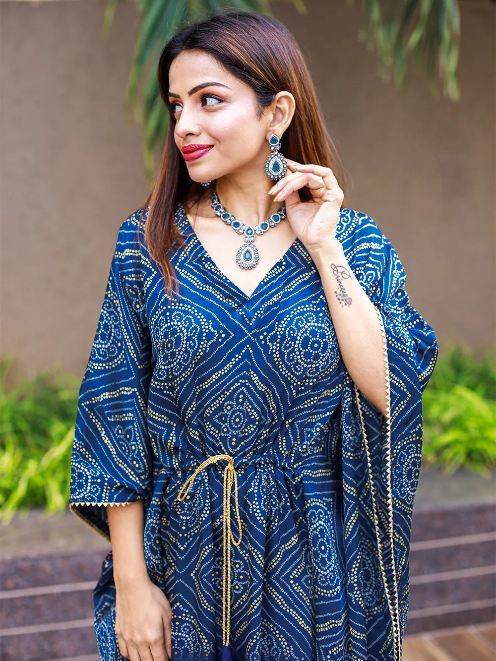 Blue Color Digital Bandhej Print Pure Gaji Silk Kaftan