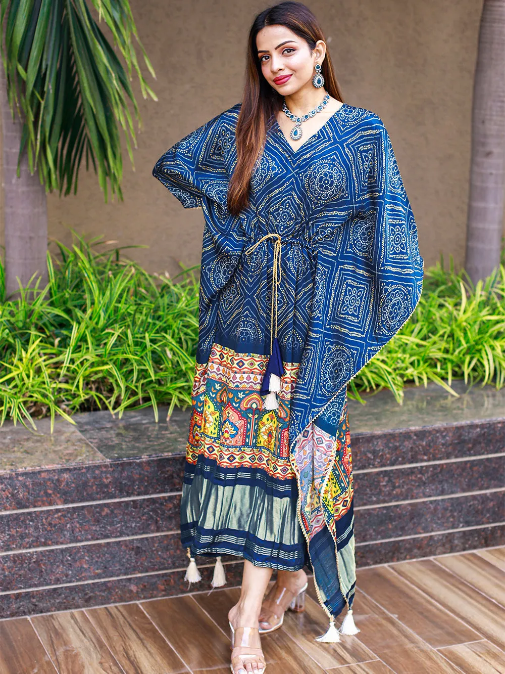 Blue Color Digital Bandhej Print Pure Gaji Silk Kaftan