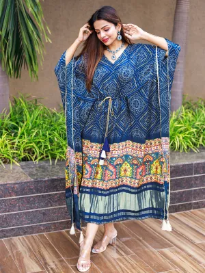 Blue Color Digital Bandhej Print Pure Gaji Silk Kaftan