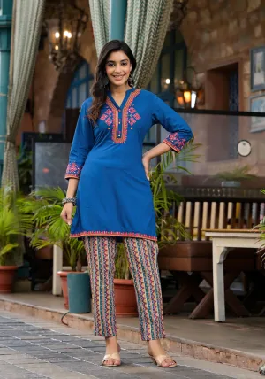 Blue Thread Embroidered Liva Rayon Short Kurta And Pant Set With Buttons & Coins