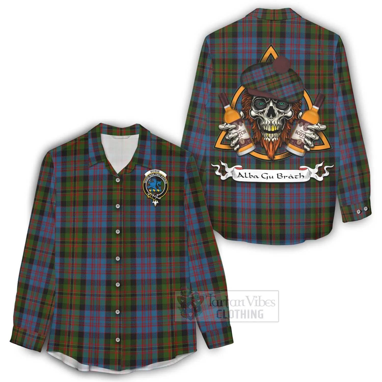 Bowie Tartan Women's Casual Shirt with Family Crest and Bearded Skull Holding Bottles of Whiskey