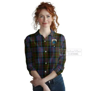 Bowie Tartan Women's Casual Shirt with Family Crest and Bearded Skull Holding Bottles of Whiskey