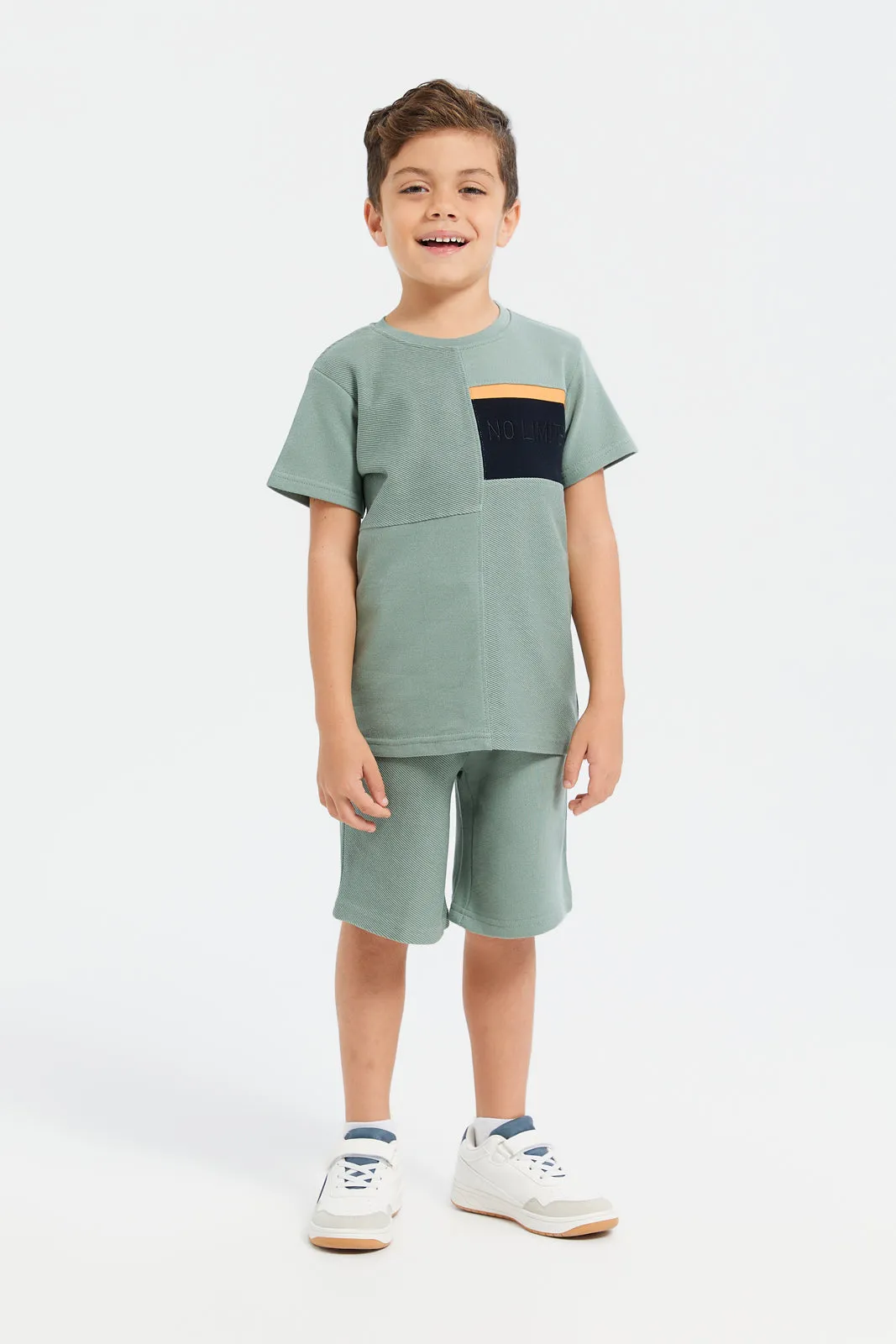 Boys Olive Embroidered Paneled T-Shirt And Short Set (2 Piece)