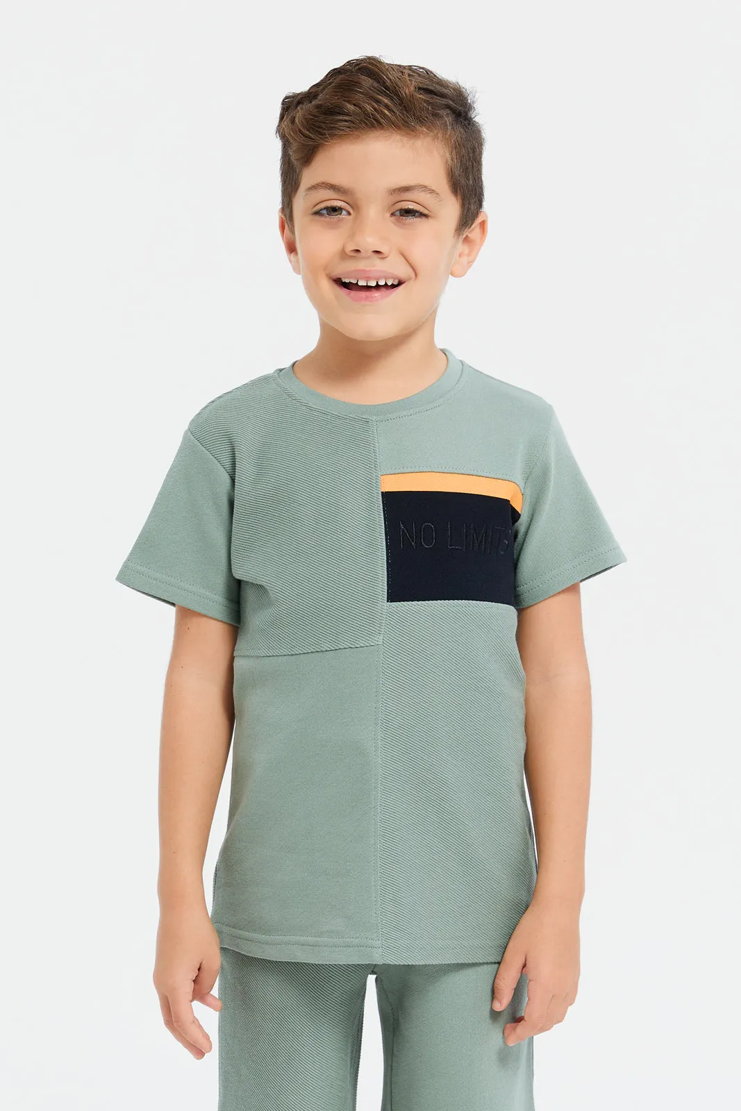 Boys Olive Embroidered Paneled T-Shirt And Short Set (2 Piece)