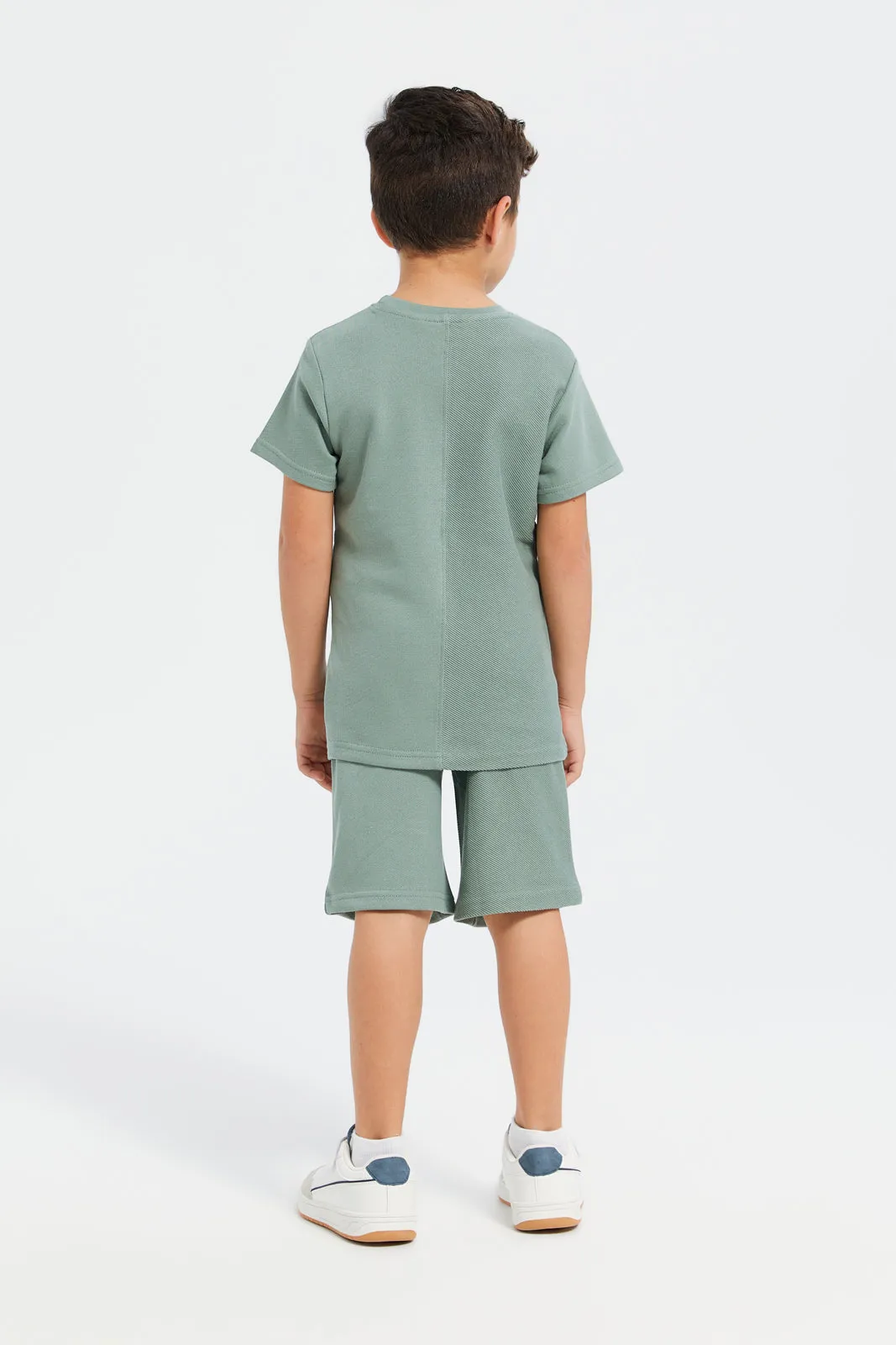 Boys Olive Embroidered Paneled T-Shirt And Short Set (2 Piece)