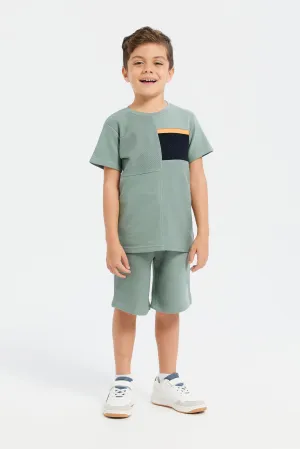 Boys Olive Embroidered Paneled T-Shirt And Short Set (2 Piece)