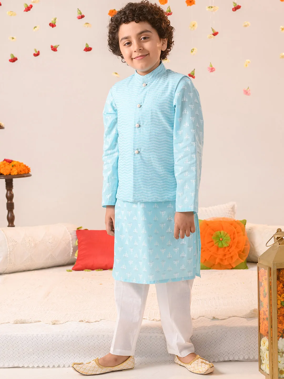 Boys  Printed Pure Cotton Kurta With Pyjamas - Ps Peaches