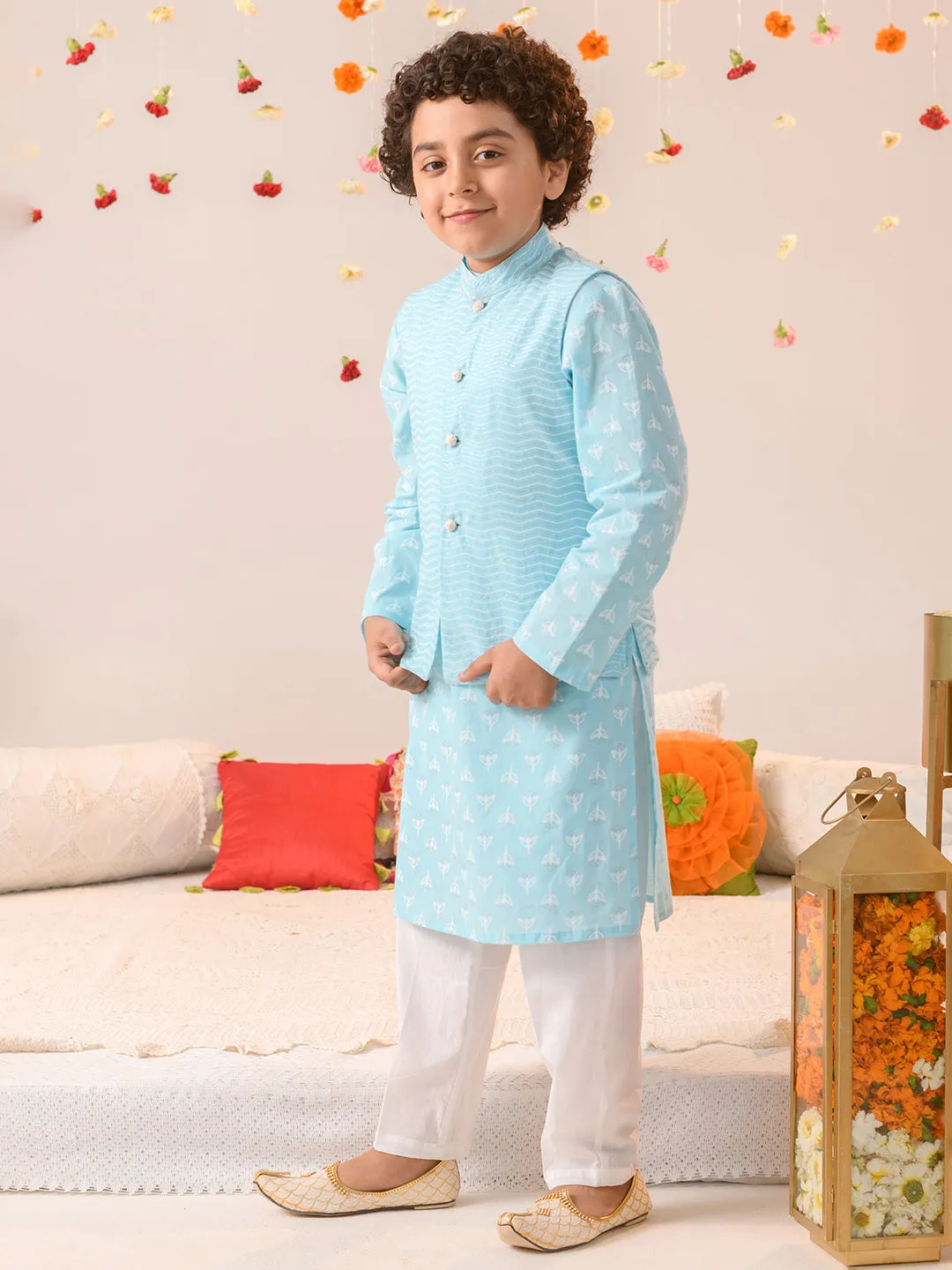 Boys  Printed Pure Cotton Kurta With Pyjamas - Ps Peaches