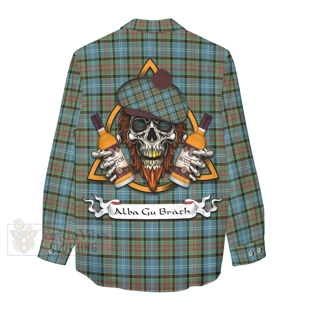 Brisbane Tartan Women's Casual Shirt with Family Crest and Bearded Skull Holding Bottles of Whiskey