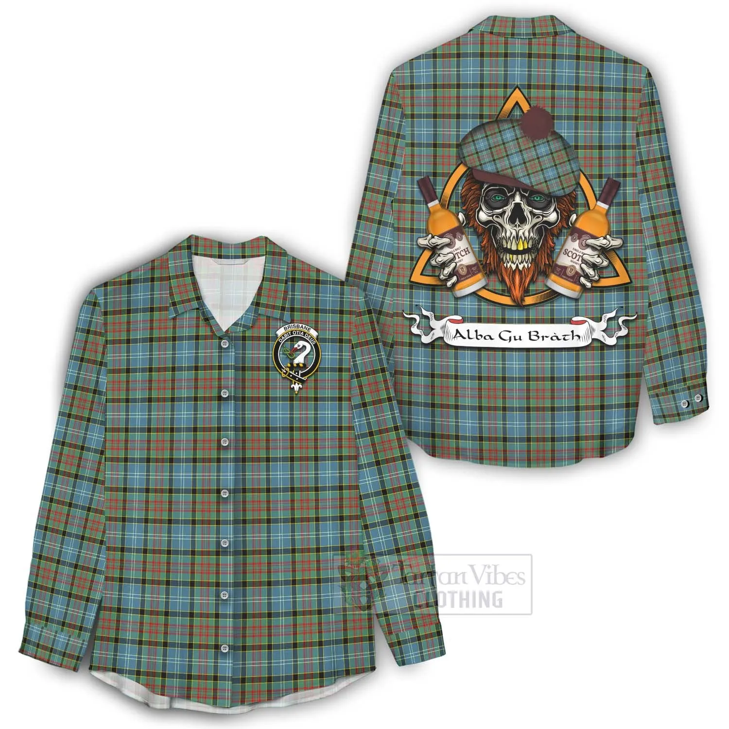 Brisbane Tartan Women's Casual Shirt with Family Crest and Bearded Skull Holding Bottles of Whiskey