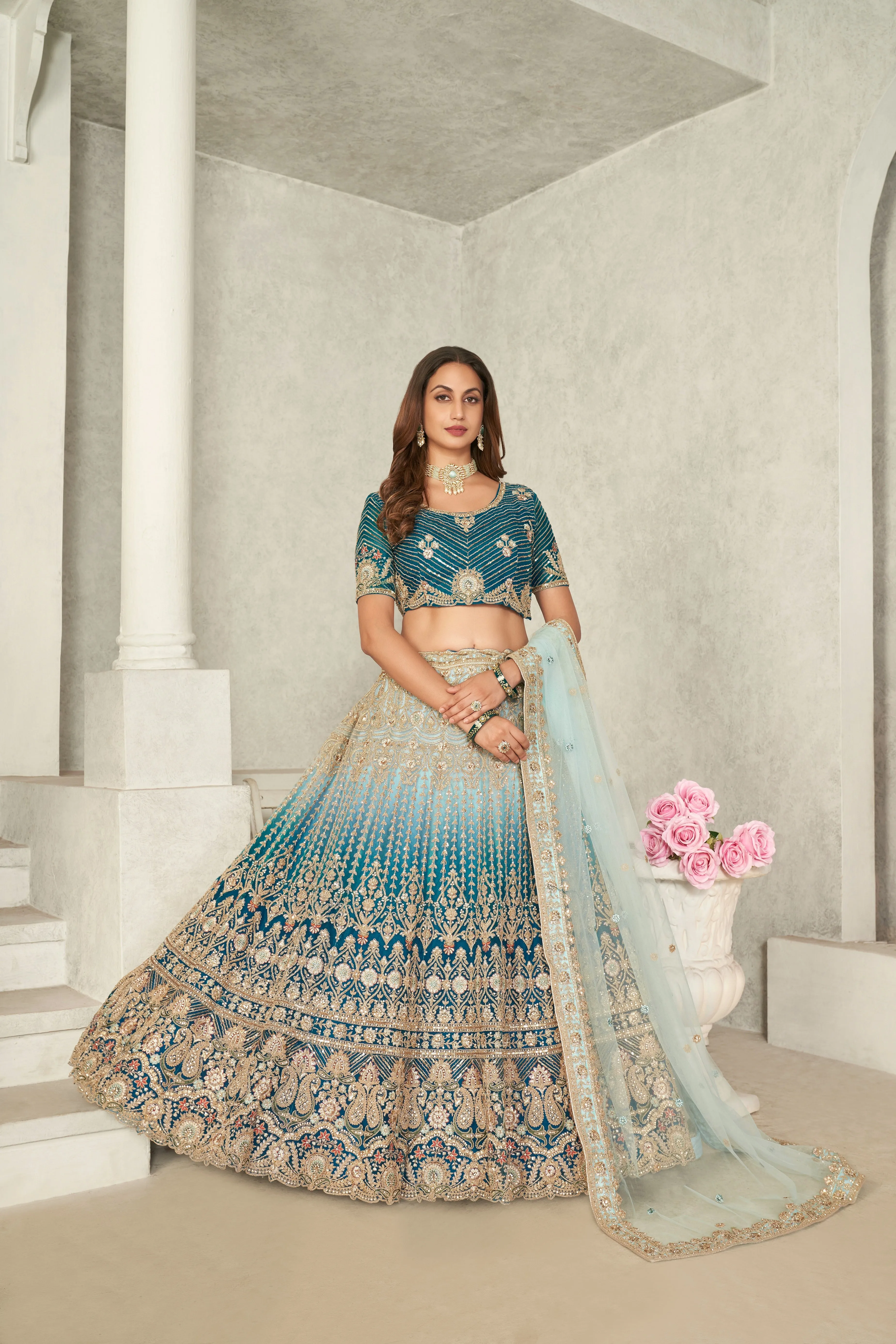 Captivating Blue Embroidered Lehenga Choli Set - Perfect for Brides