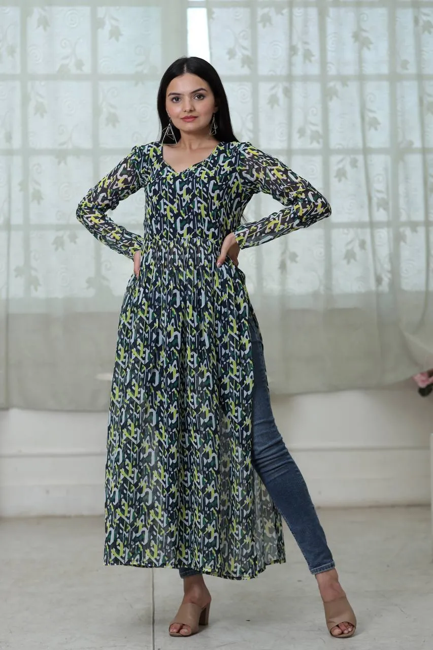 Casual Wear Digital Print Green Color Kurti