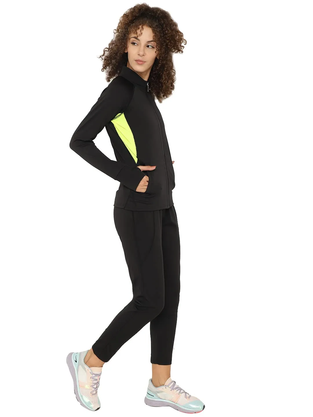 CHKOKKO Women Sports Zipper Running Winter Track Suit Set Black Neon L