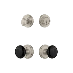 Classic Rosette Entry Set with Black Porcelain Knob in Satin Nickel