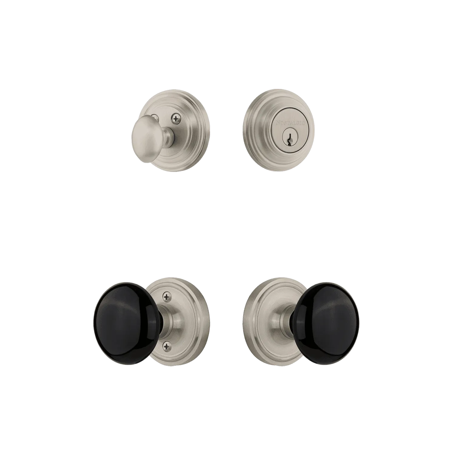 Classic Rosette Entry Set with Black Porcelain Knob in Satin Nickel