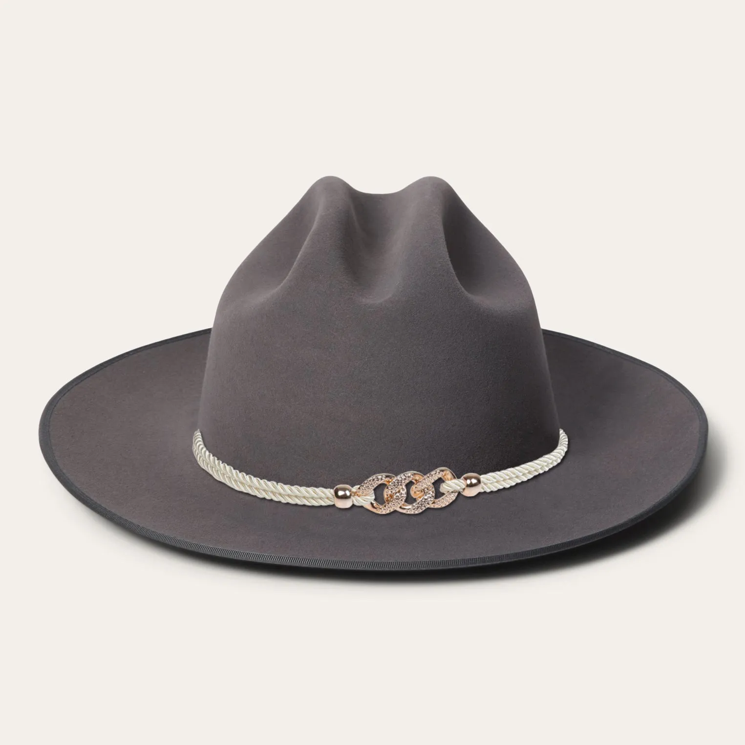 Classic Wide-Brim Gray Cowboy Hat with Elegant Silver Rope Band and Buckle