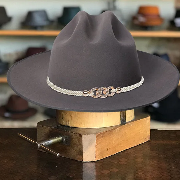 Classic Wide-Brim Gray Cowboy Hat with Elegant Silver Rope Band and Buckle