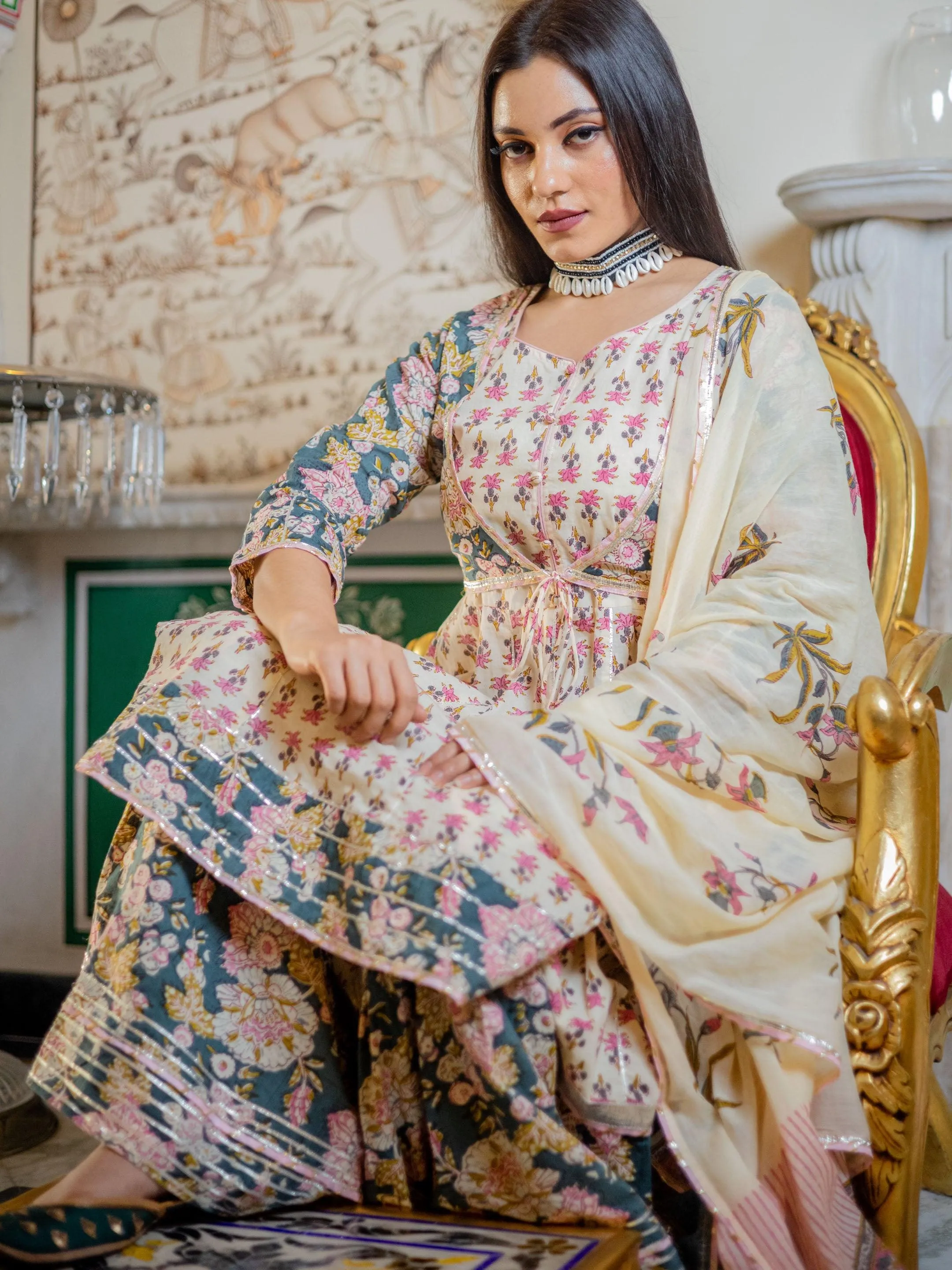 Cream Floral Printed Kurta Sharara With Dupatta Set