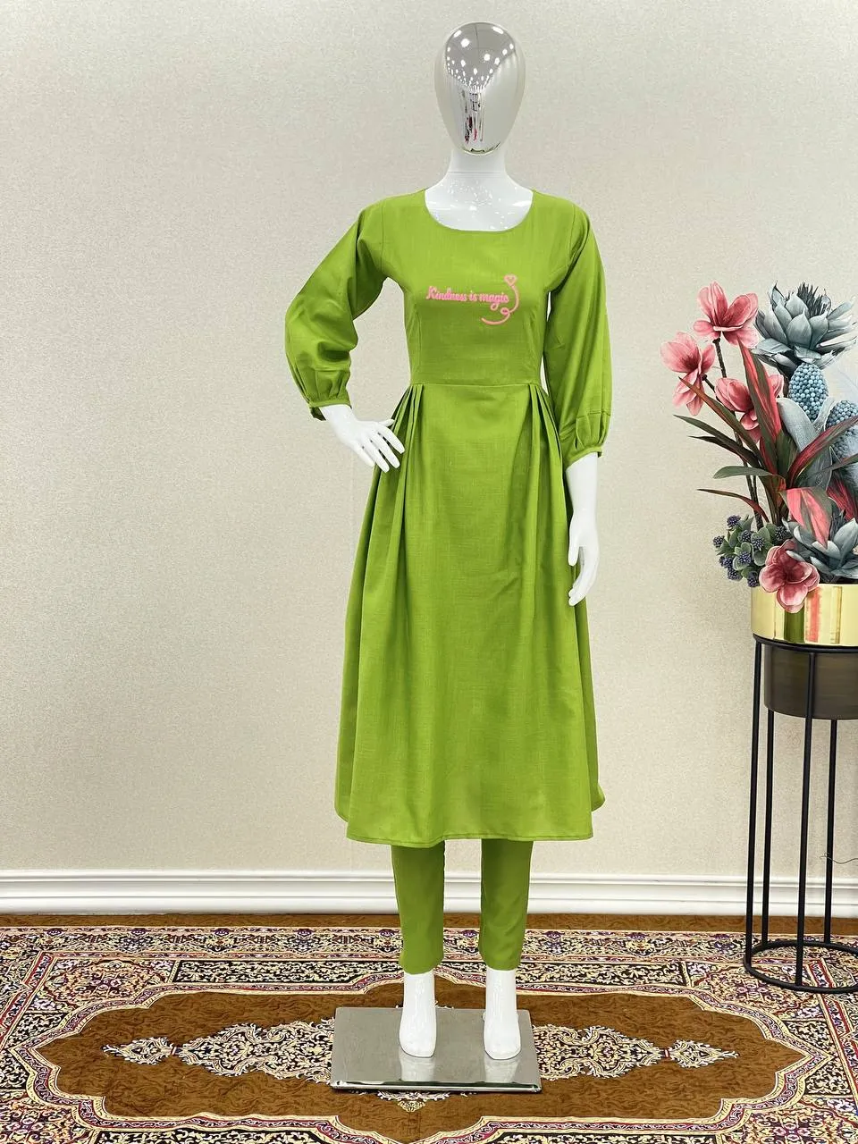 Decent Green Color Thread Work Pant With Long Top