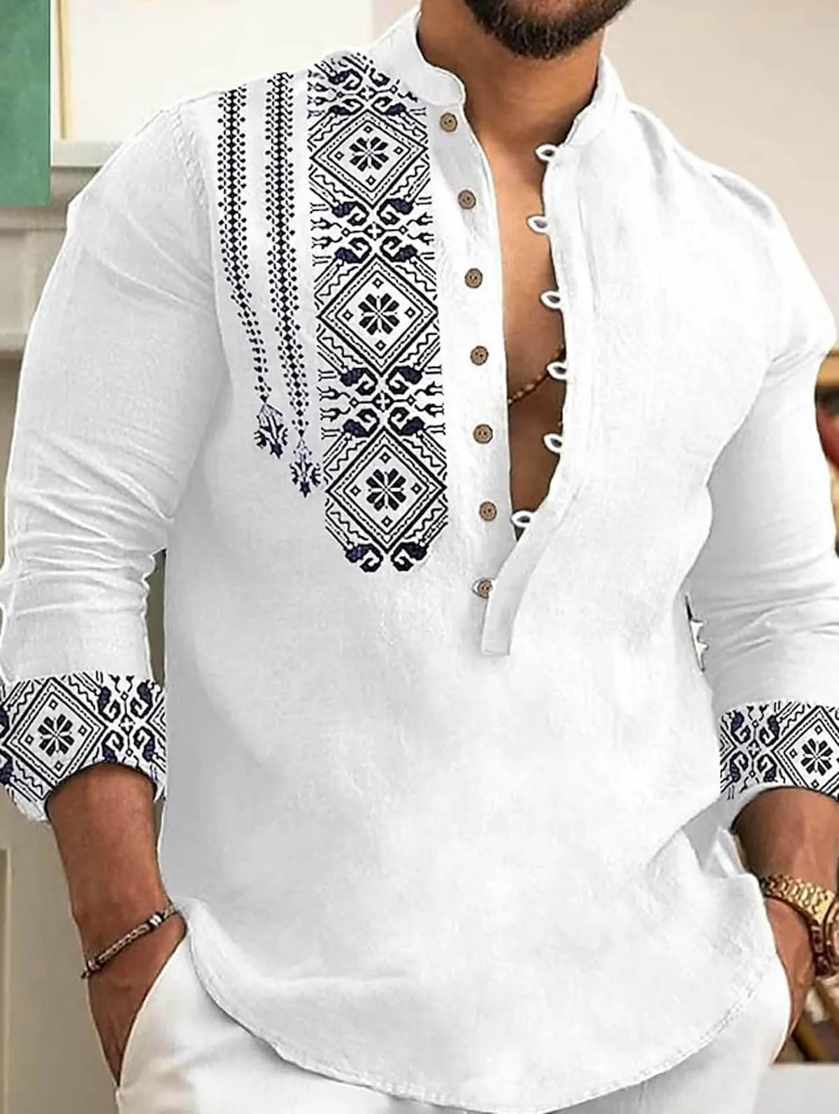 DEELMO Men's Cotton Blend Mandarin Collar Regular Fit Full Sleeve Casual Short Kurta, White, 2XL