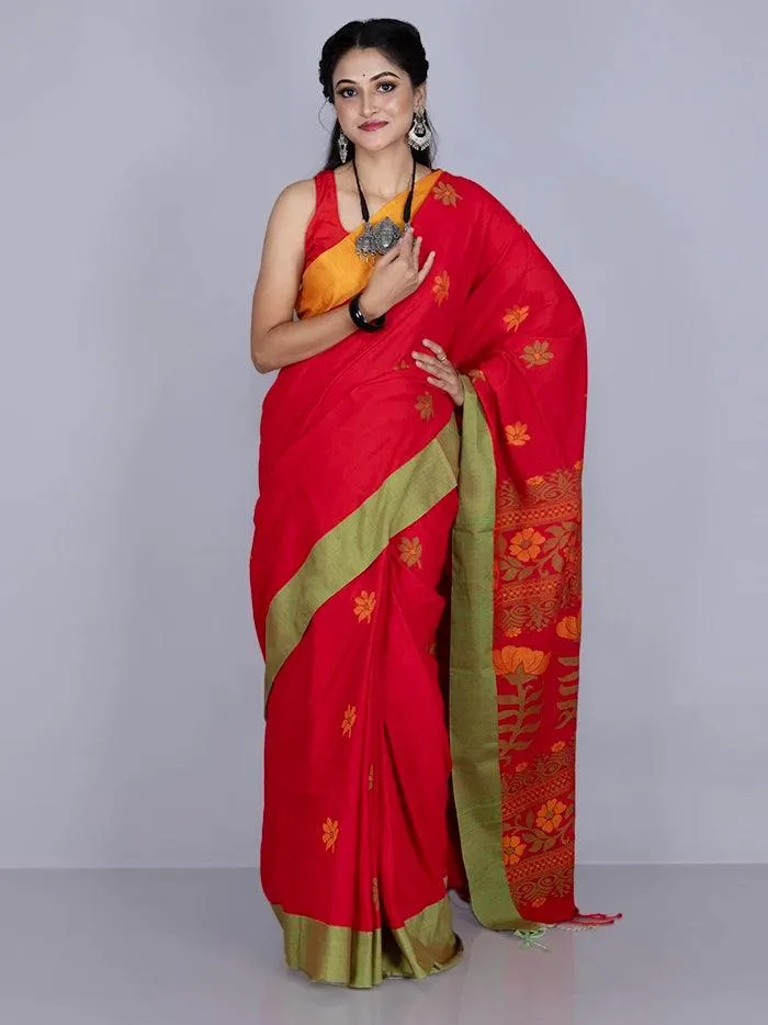 Elegant Red Par Anchal Buti Cotton Saree