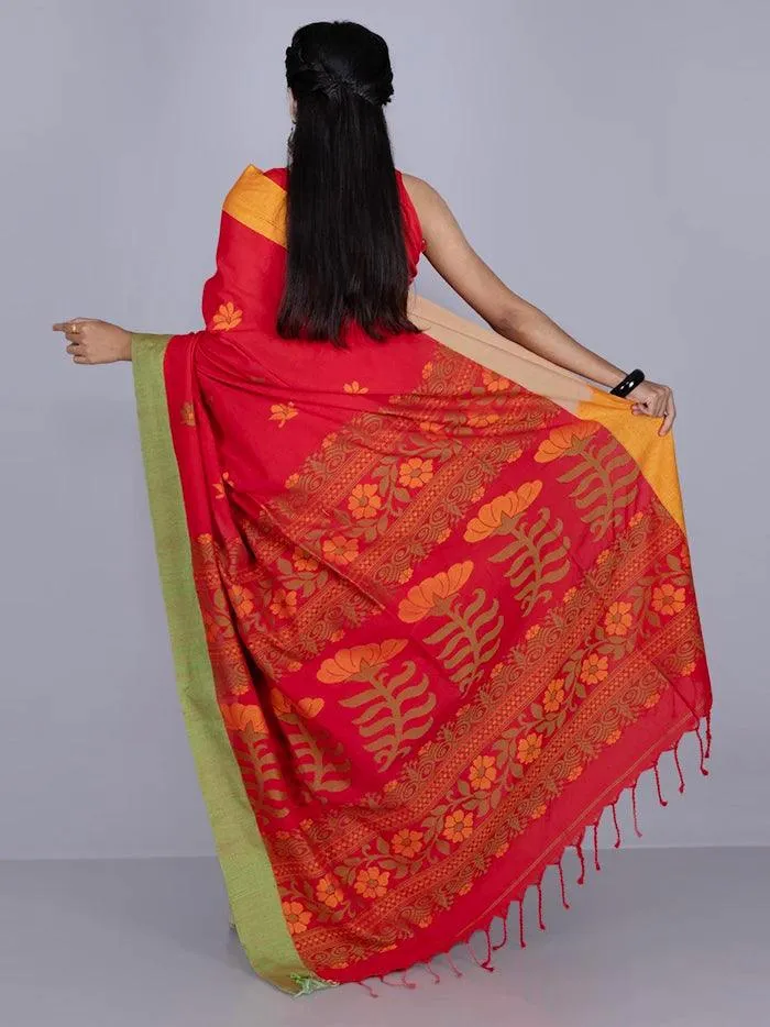 Elegant Red Par Anchal Buti Cotton Saree