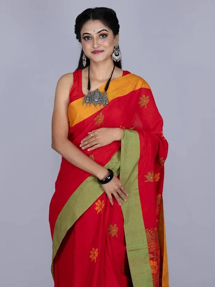 Elegant Red Par Anchal Buti Cotton Saree