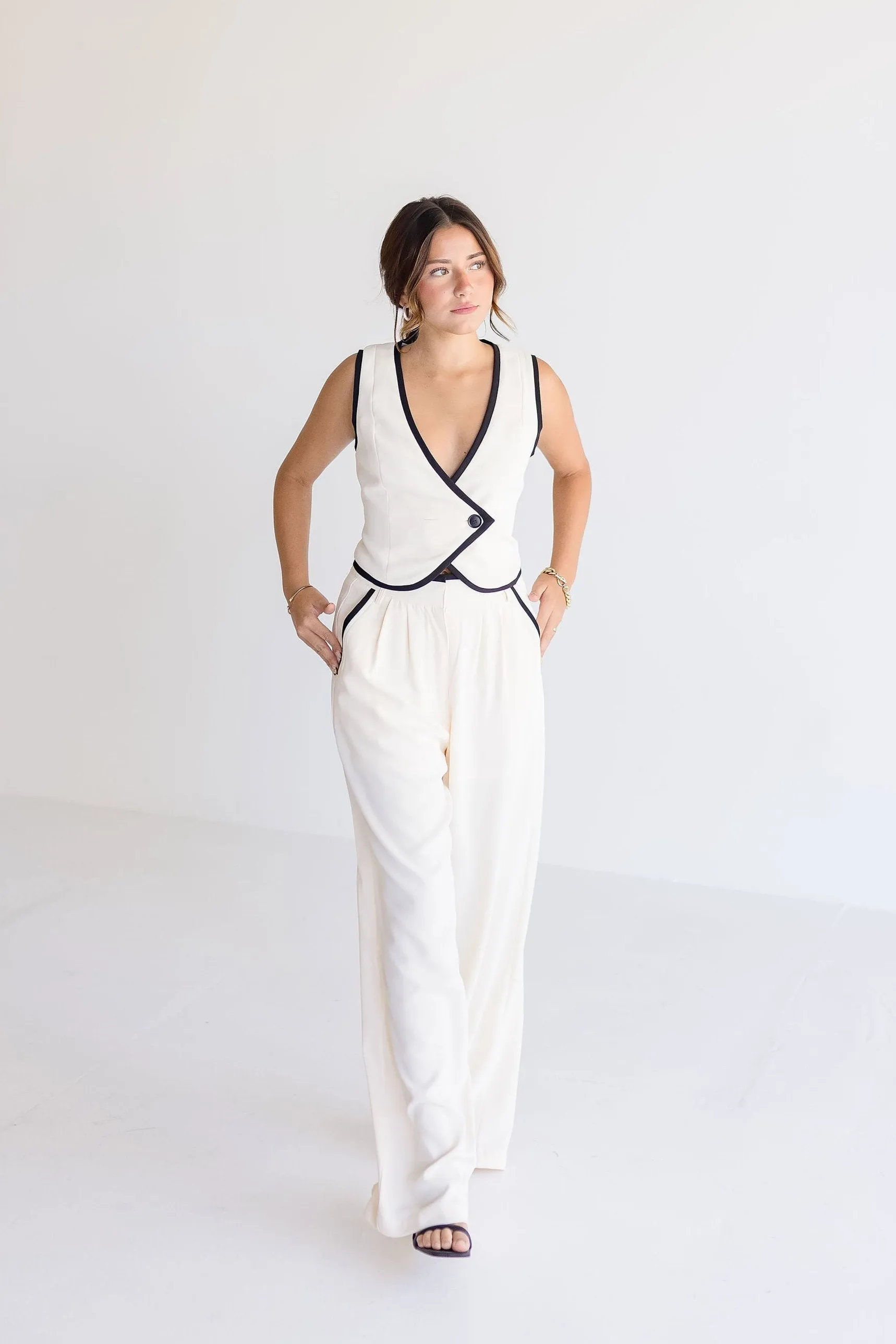 Elena Double Breasted Contrasting Edge Vest And Pants Set Cream