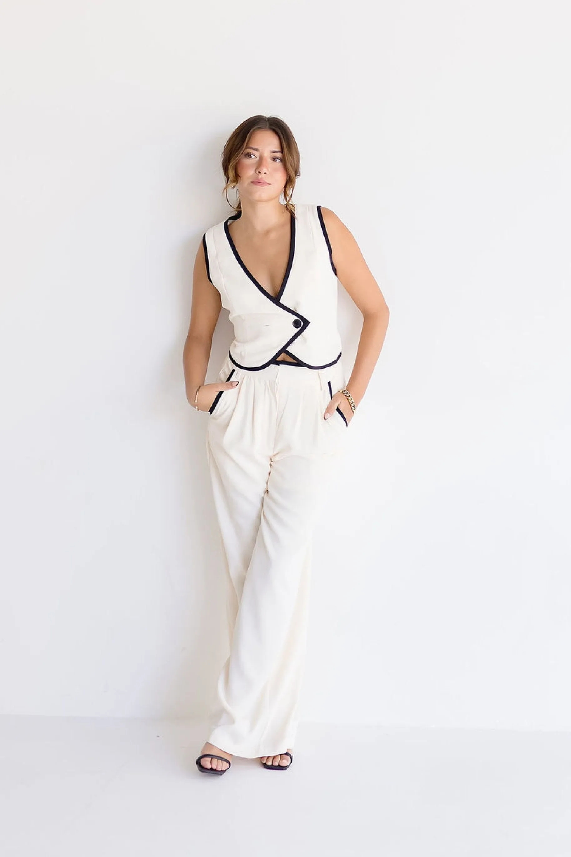 Elena Double Breasted Contrasting Edge Vest And Pants Set Cream