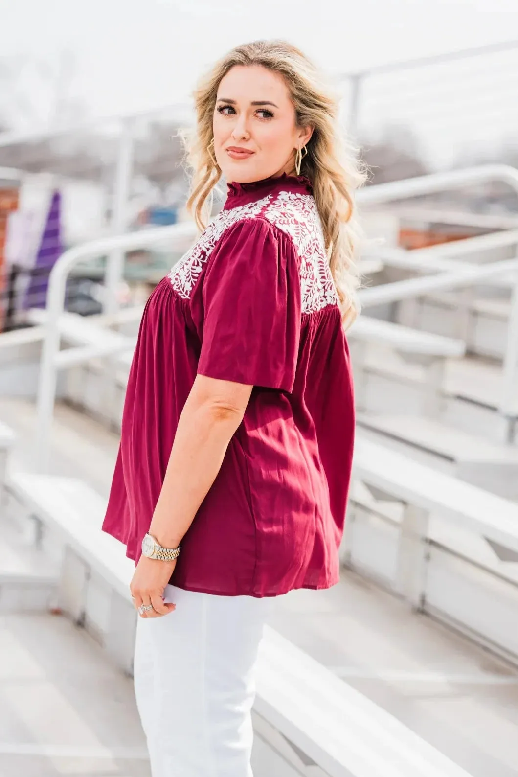 Embroidered Ruffle Collar Top, Maroon