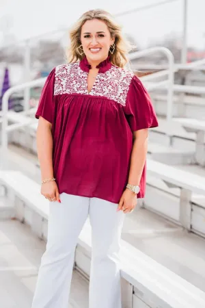 Embroidered Ruffle Collar Top, Maroon