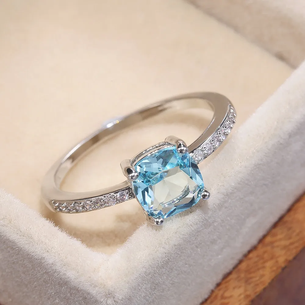 Engagement Jewelry Simple Blue Radiant Cut Cubic Zircon Solitaire Ring