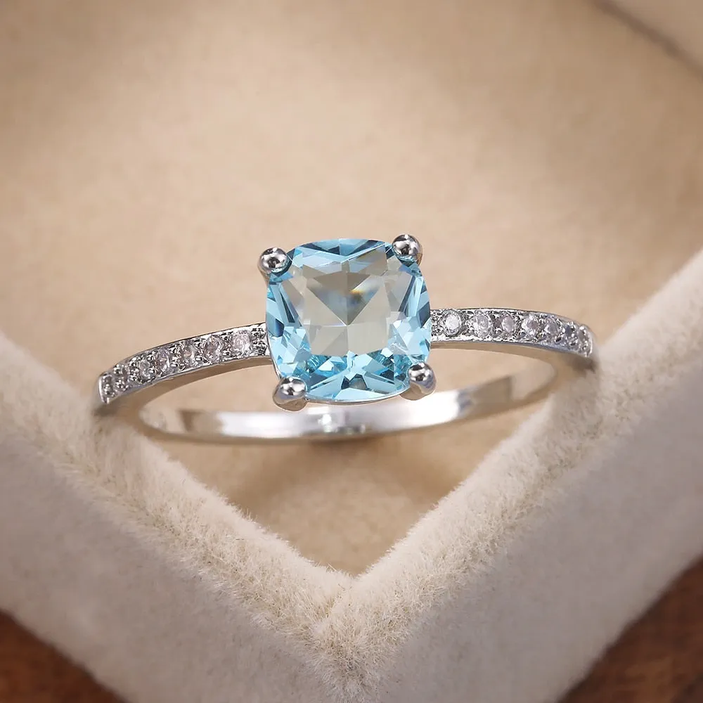 Engagement Jewelry Simple Blue Radiant Cut Cubic Zircon Solitaire Ring