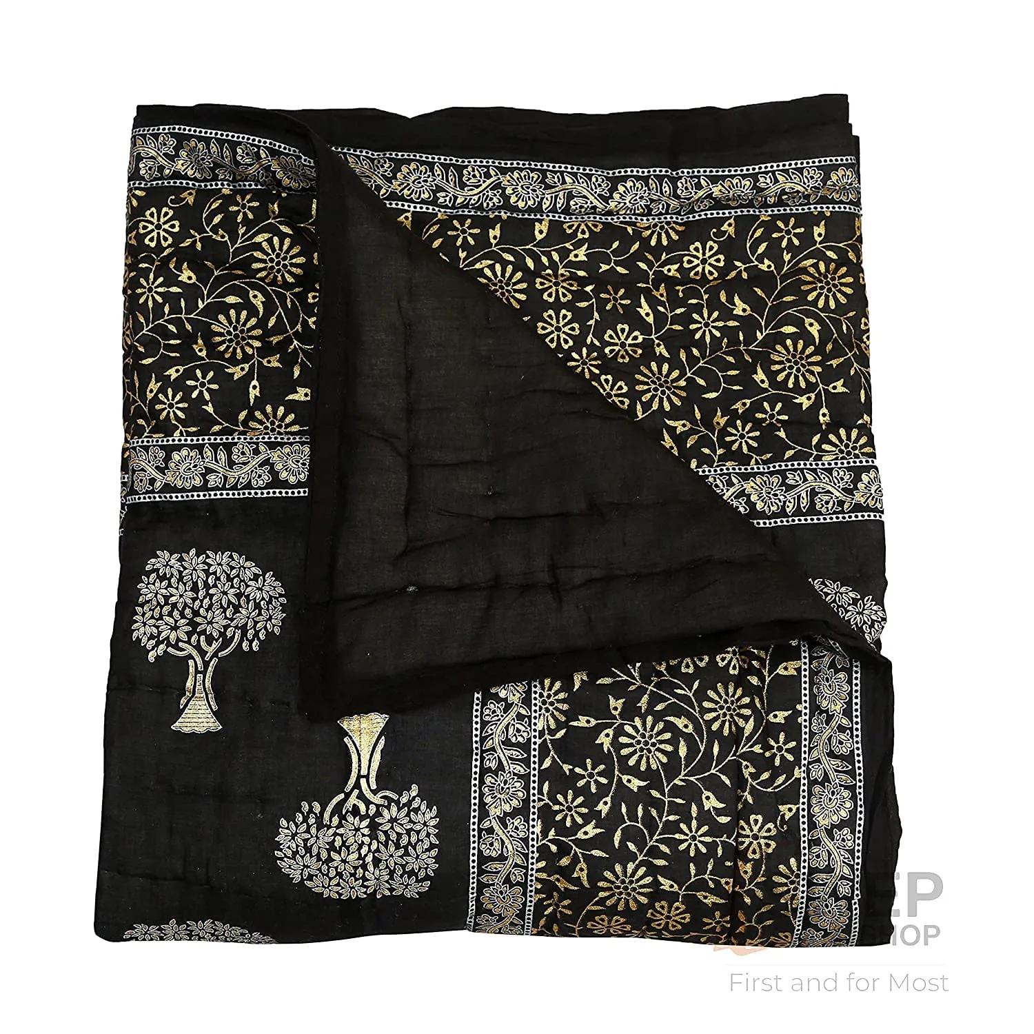 FABDESIGN QUILTS Cotton Jaipuri Light Weight Pure Cotton Traditional Rajasthani Print Black Colour Single Bed Quilt/Razai/Rajai (55X85 Inches) (Black Tree)