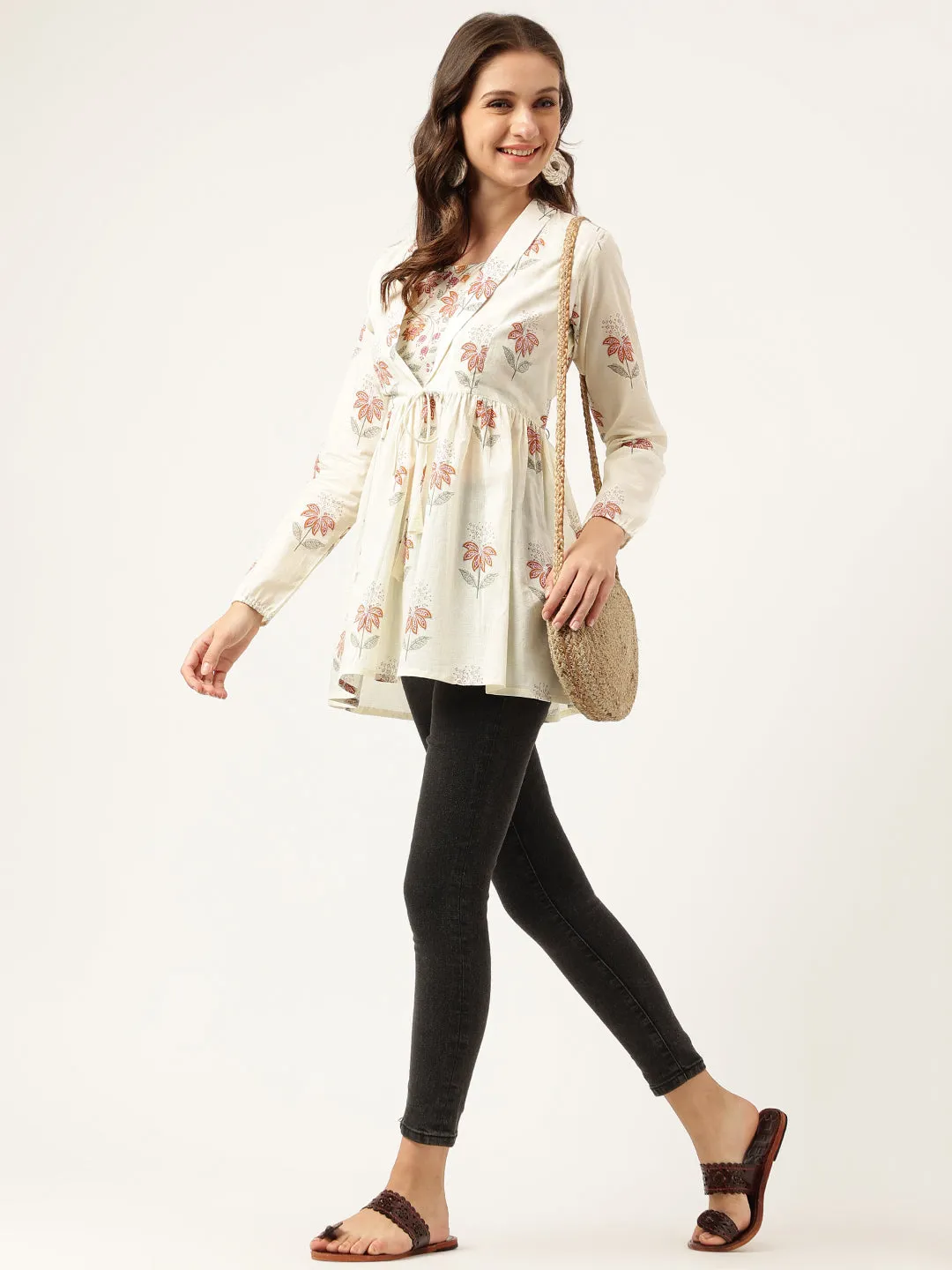 Floral Printed Cream Empire Cotton Tops